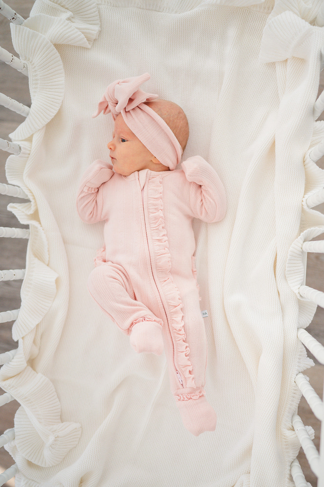Organic Knitted Baby Blanket - White Ruffle