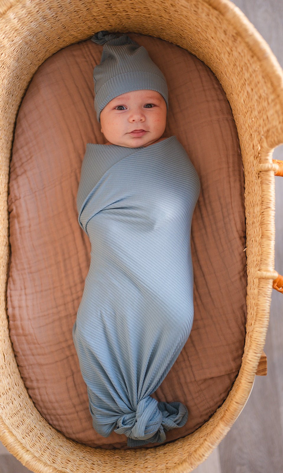 Bamboo Stretch Swaddle - Arona Blue Ribbed - Harp Angel Boutique