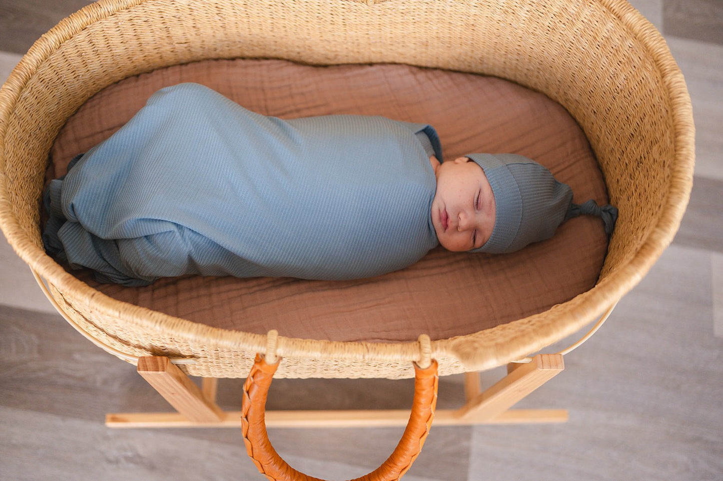 Bamboo Stretch Swaddle - Arona Blue Ribbed - Harp Angel Boutique