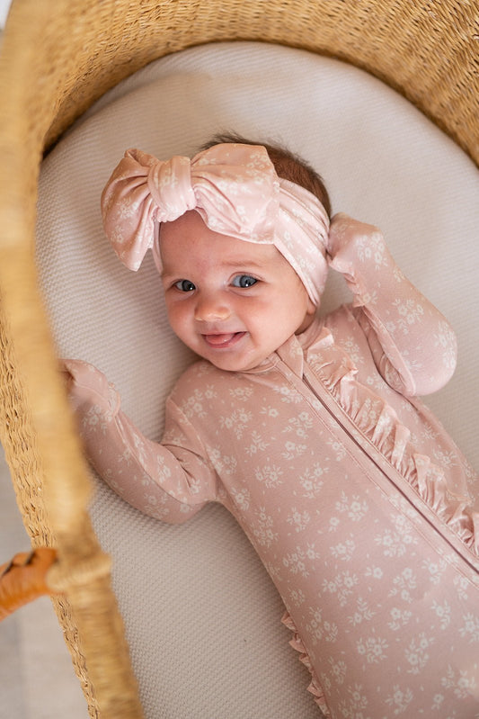 Blush Blossoms Baby Pajamas | Ruffle Zipper Romper - Harp Angel Boutique