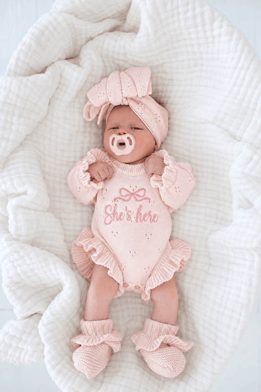 Blush Pink Organic Pointelle Knit Ruffle Romper | She’s Here Bundle - Harp Angel Boutique