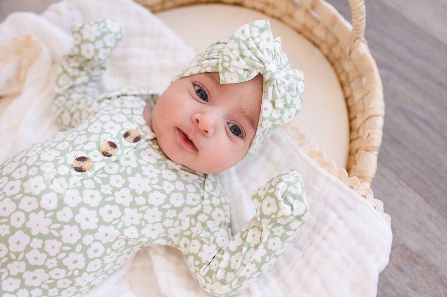 Bow Turban Hat - Sage Ditsy Floral - Harp Angel Boutique