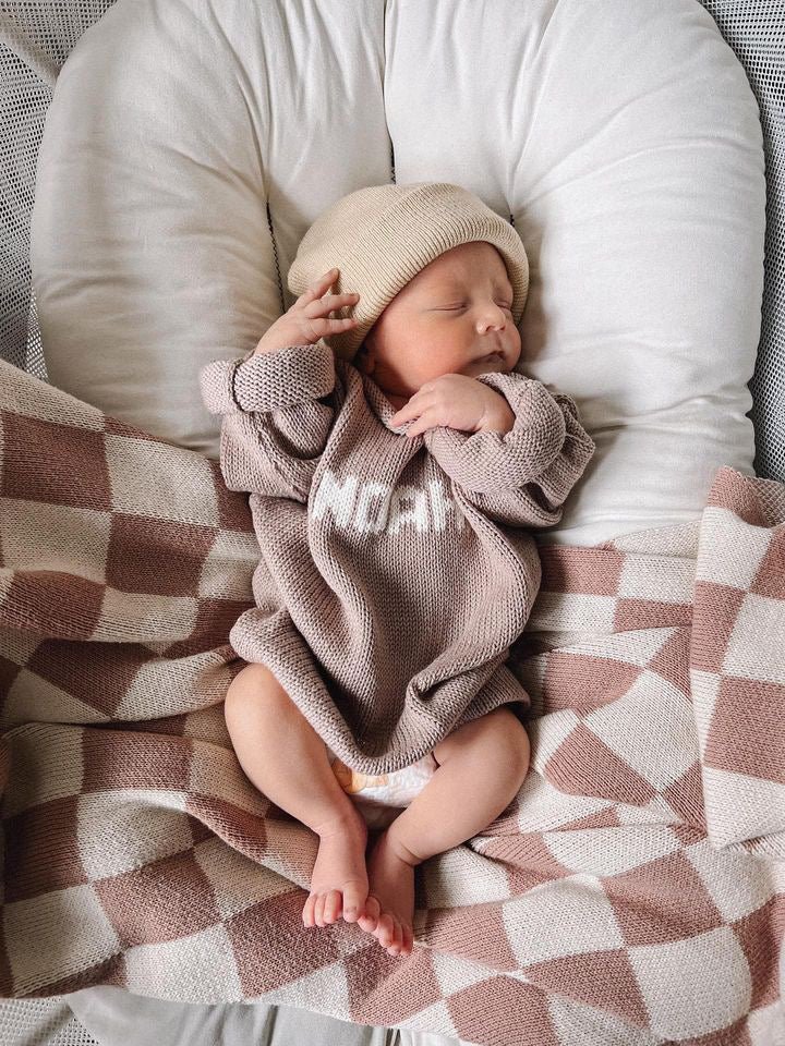 Knitted Baby Blanket - Neutral Checkered - Harp Angel Boutique
