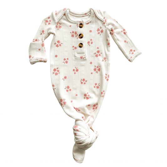 Knotted Baby Gown - Pink Floral Pointelle - Harp Angel Boutique