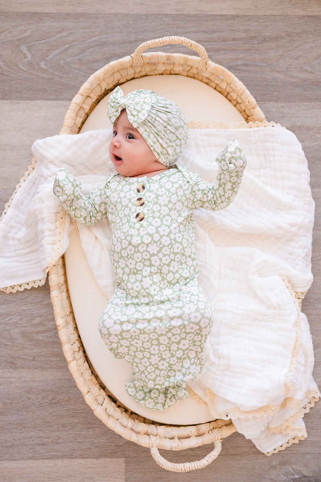 Knotted Baby Gown - Sage Ditsy Floral - Harp Angel Boutique