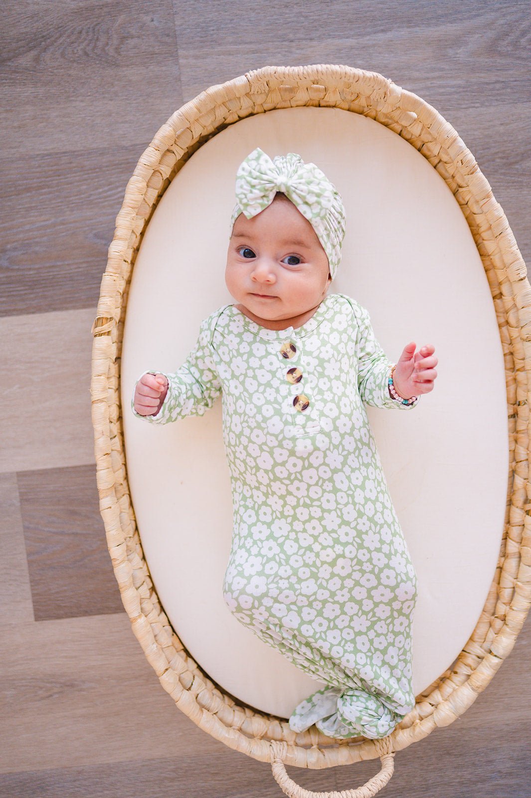 Knotted Baby Gown - Sage Ditsy Floral - Harp Angel Boutique