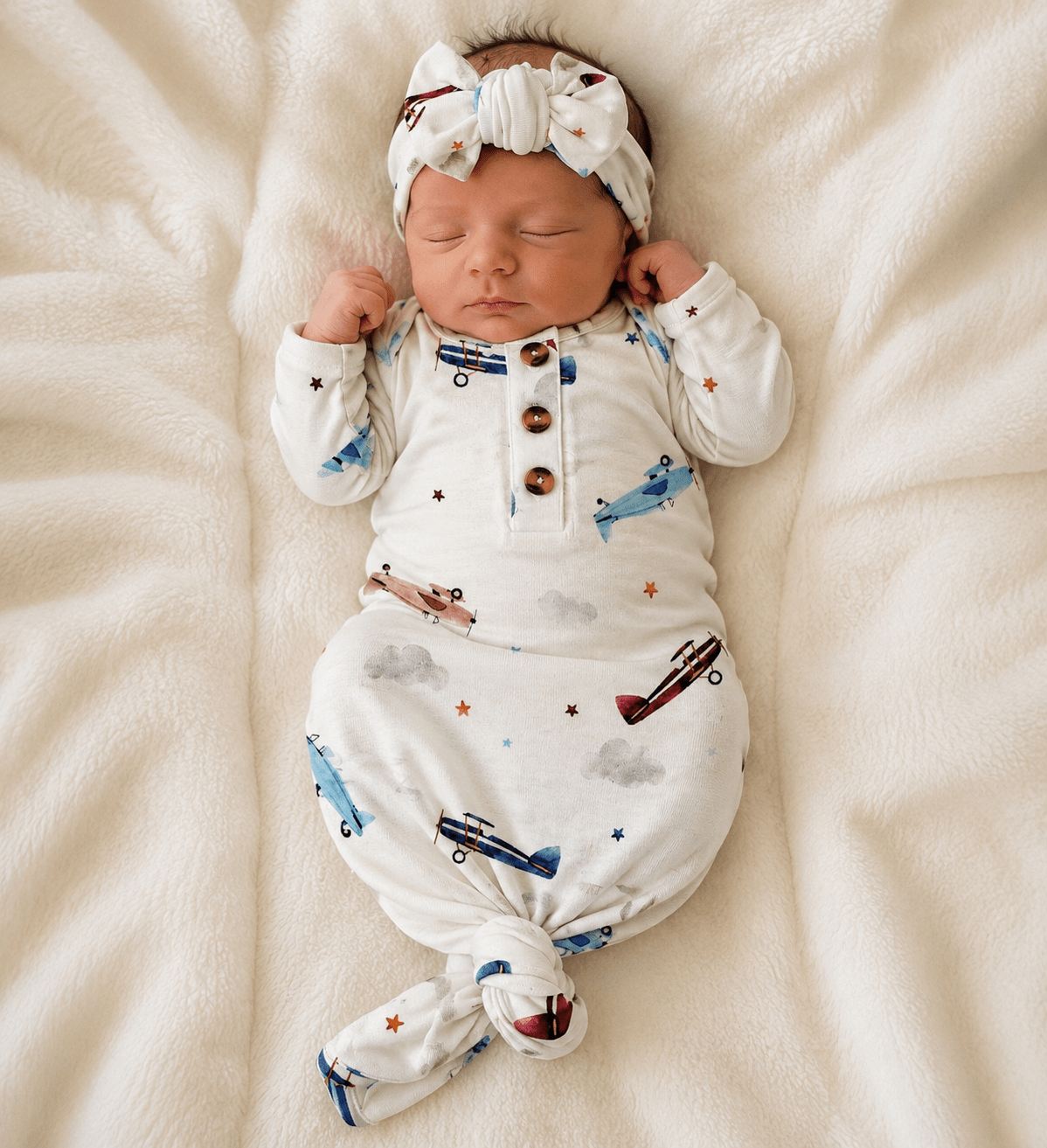 Knotted Baby Gown - Vintage Airplane - Harp Angel Boutique