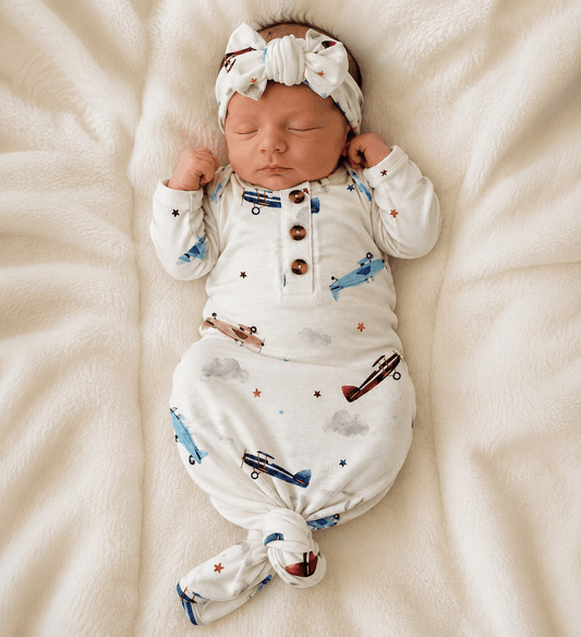 Knotted Baby Gown - Vintage Airplane - Harp Angel Boutique