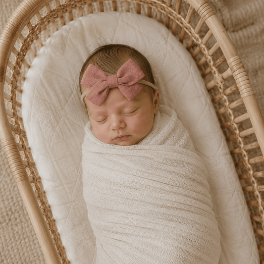 Mauve Baby Bow Headband – One Size Stretch Nylon Bow - Harp Angel Boutique