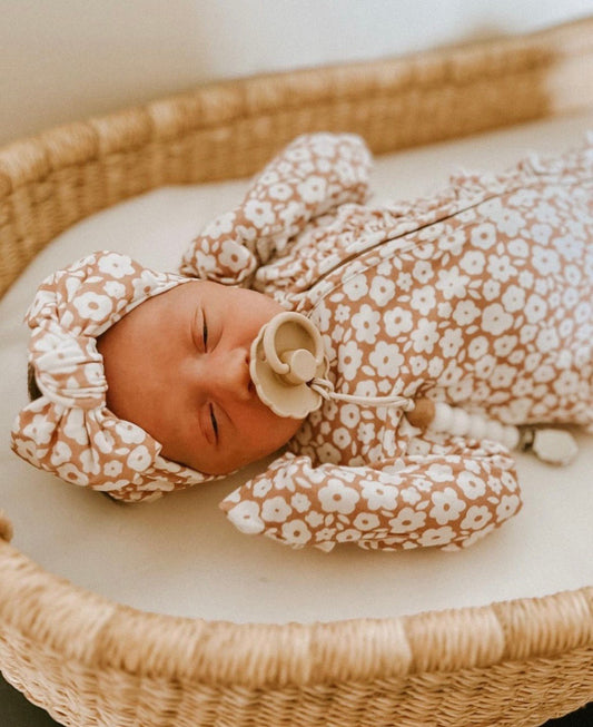 Mocha Ditsy Floral Baby Pajamas | Ruffle Zipper Romper - Harp Angel Boutique