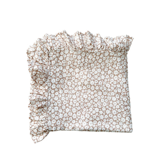 Muslin Swaddle Blanket - Mocha Ditsy Floral Ruffle - Harp Angel Boutique