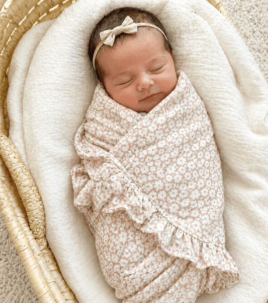 Organic Muslin Swaddle Blanket - Mocha Ditsy Floral Ruffle - Harp Angel Boutique