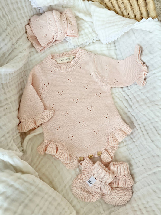 Pointelle Soft Blush Pink Ruffle Romper | Personalized Bundle - Harp Angel Boutique