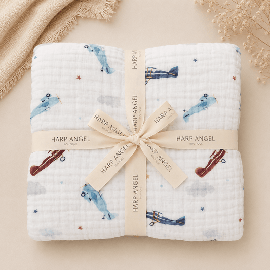 PRE - ORDER** Vintage Airplane Organic Muslin Cotton 6 - Layer Baby Blanket - Harp Angel Boutique