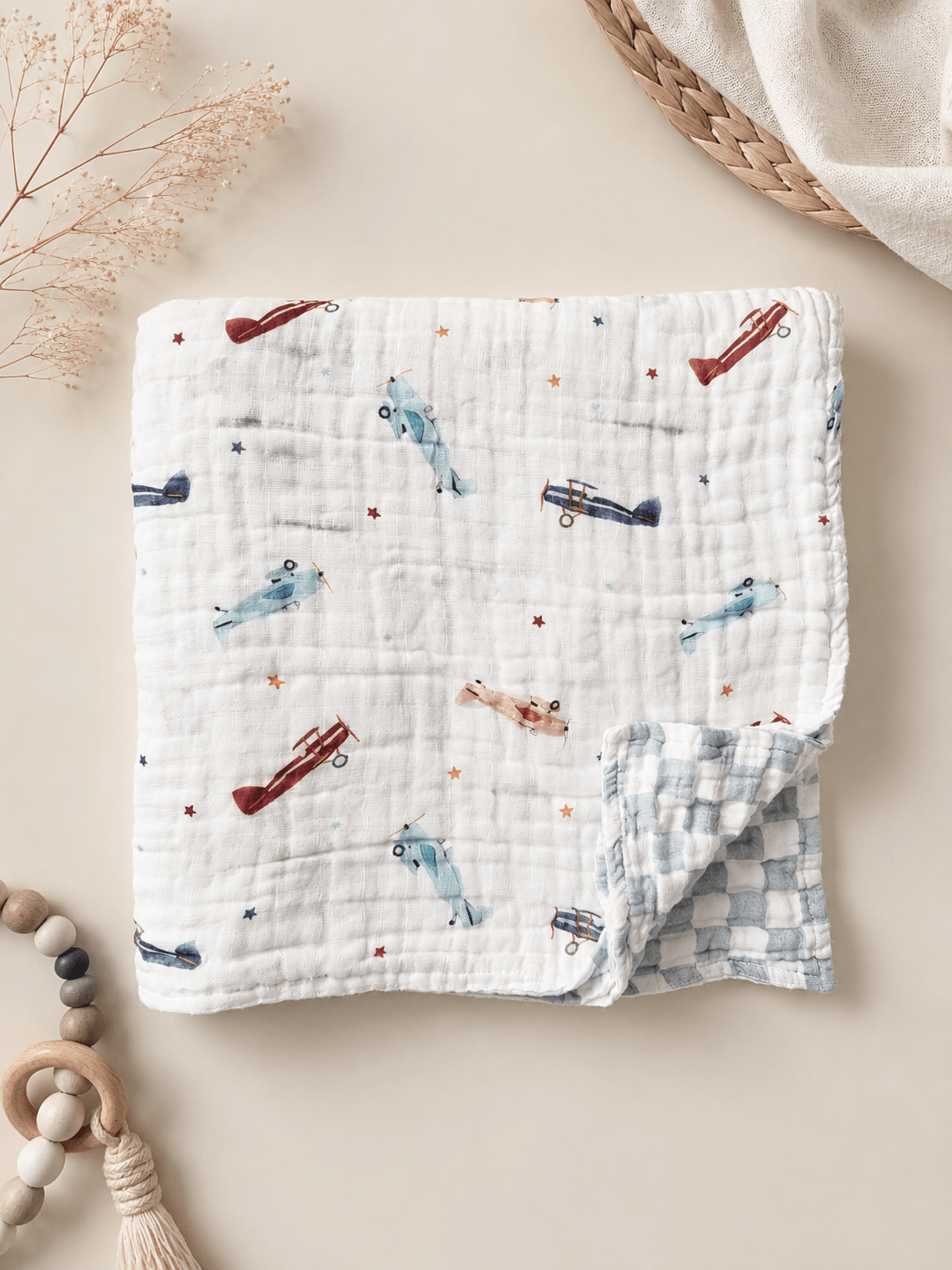 PRE - ORDER** Vintage Airplane Organic Muslin Cotton 6 - Layer Baby Blanket - Harp Angel Boutique