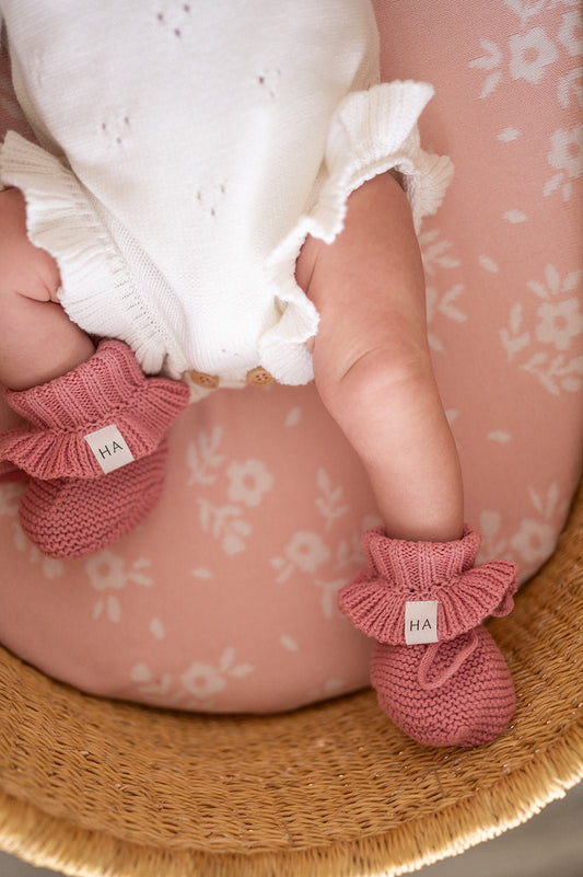 Rose Pink Organic Cotton Knit Newborn Baby Ruffle Booties - Harp Angel Boutique
