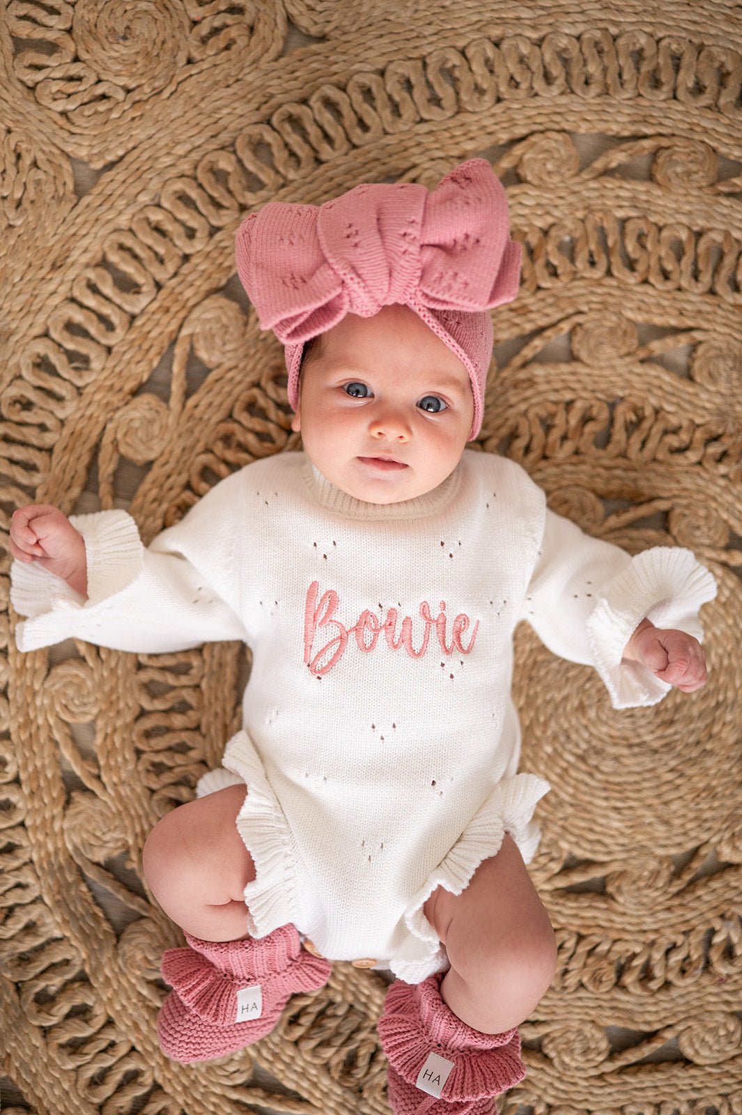 Rose Pink Organic Cotton Pointelle Bow Baby Headband - Harp Angel Boutique