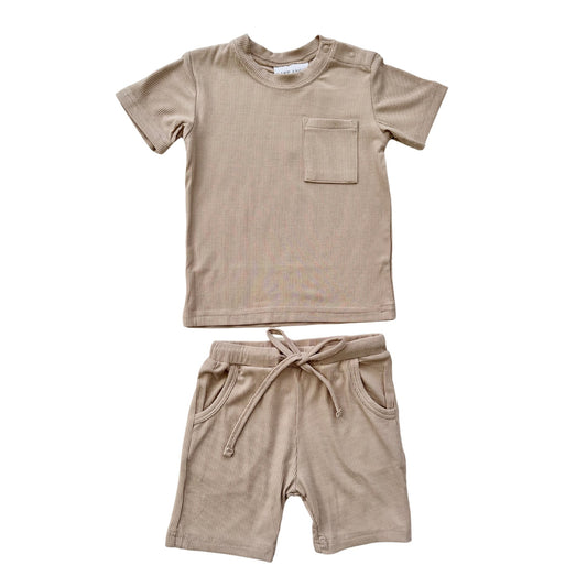 Two-Piece Ribbed Short Set - Tan - Harp Angel Boutique