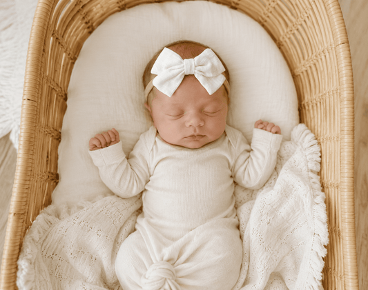 White Linen Baby Bow | Soft Nylon Headband - Harp Angel Boutique