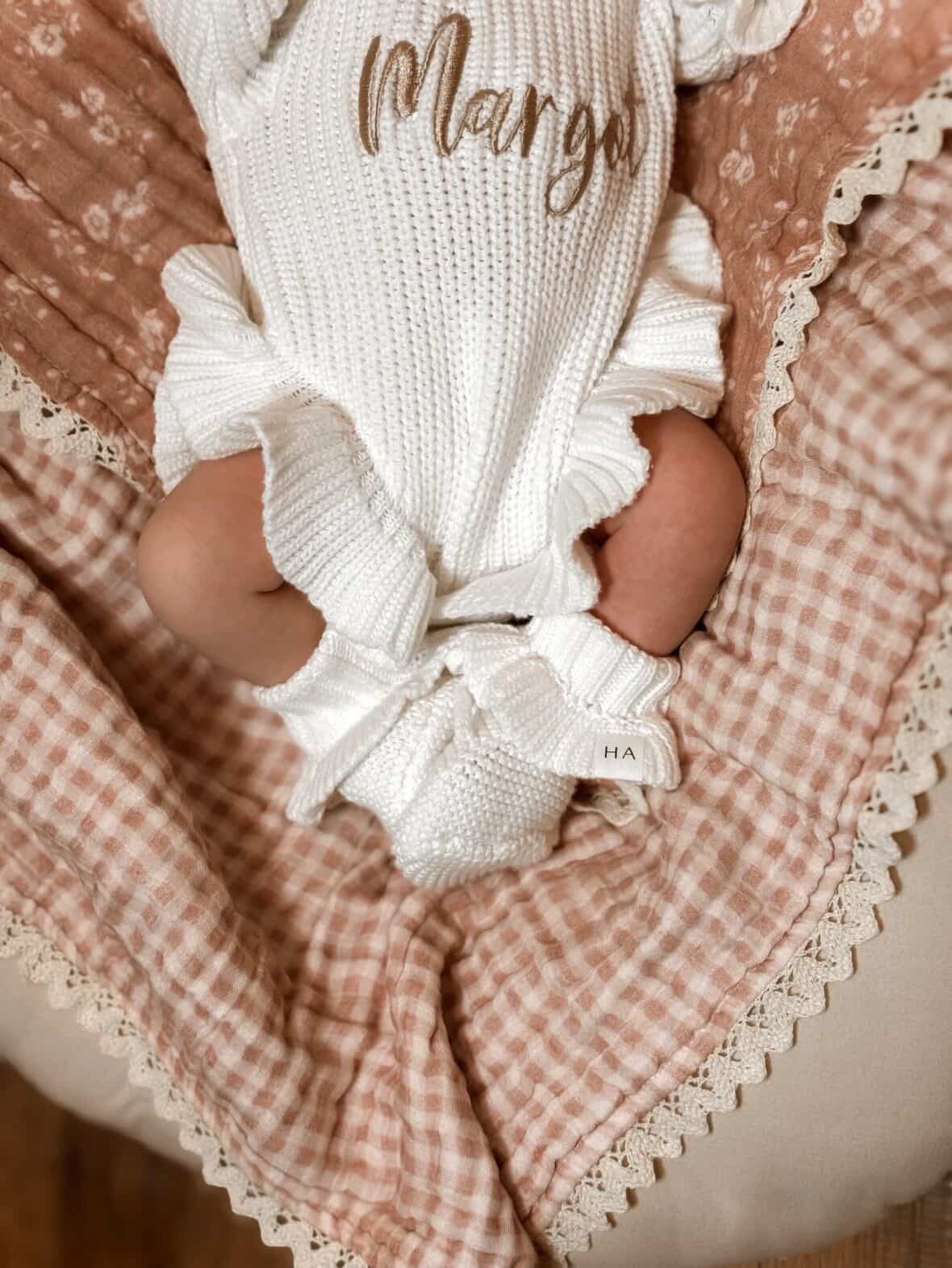 White Organic Cotton Knit Newborn Baby Ruffle Booties - Harp Angel Boutique