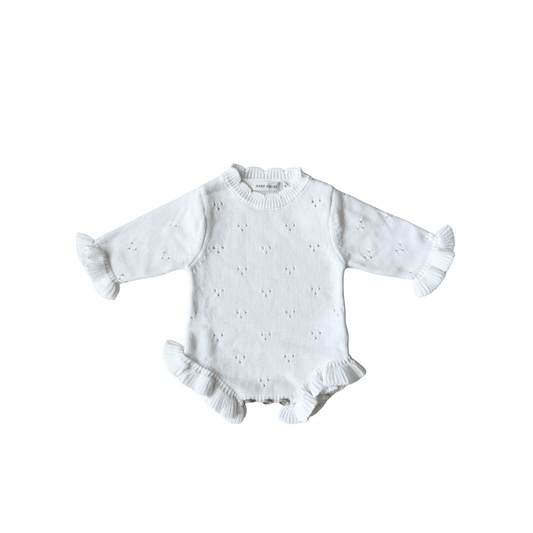 White Pointelle Organic Knit Ruffle Romper - Harp Angel Boutique