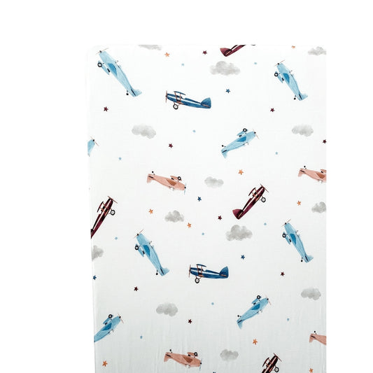 Bamboo Fitted Crib Sheet - Vintage Airplane - Harp Angel Boutique