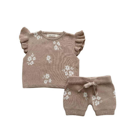 Organic Knit Short Set - Tan Floral - Harp Angel Boutique