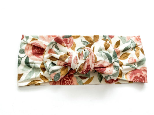 Dusty Pink Floral Knotted Baby Bow Headband - Harp Angel Boutique
