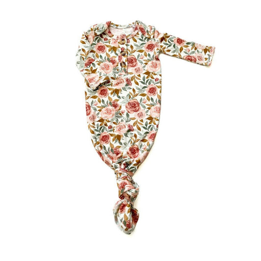 Dusty pink floral bamboo knotted baby gown with fold-over cuffs