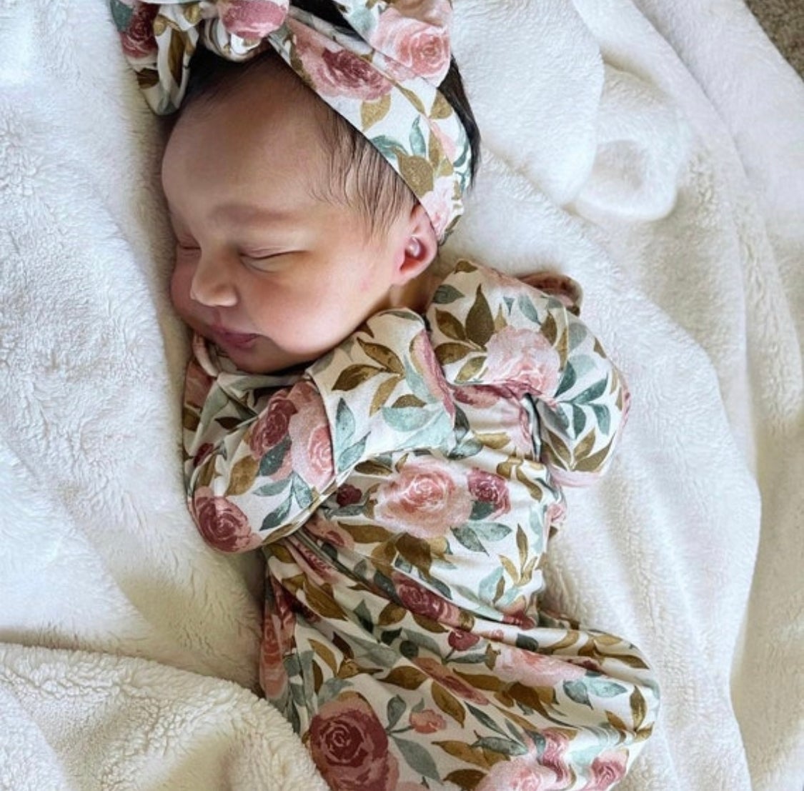 Dusty pink floral bamboo knotted baby gown with fold-over cuffs