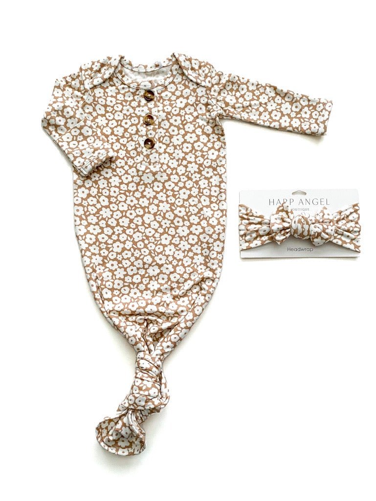 Knotted Baby Gown - Mocha Ditsy Floral - Harp Angel Boutique
