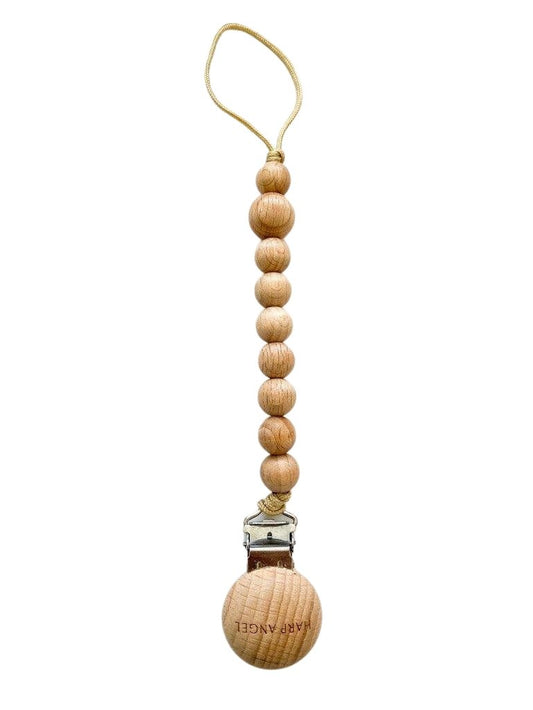 Wooden pacifier clip Harper with BPA-free silicone beads, 2-in-1 pacifier holder and teether, about 8 inches long.