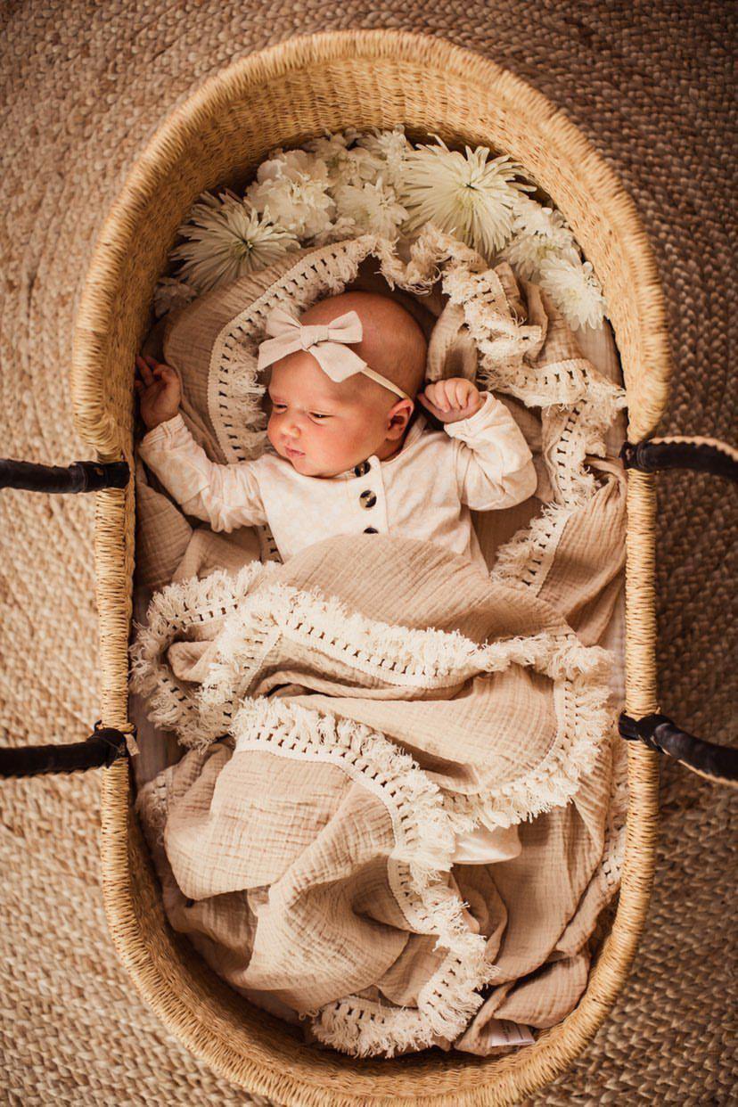PRE-ORDER** Tan Fringe Muslin Swaddle Blanket - Harp Angel Boutique