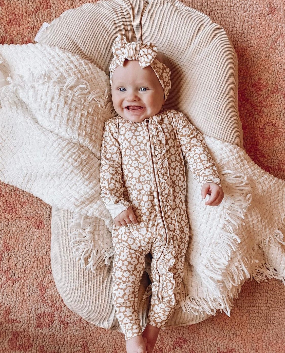 Ruffle Zipper One Piece - Mocha Ditsy Floral - Harp Angel Boutique