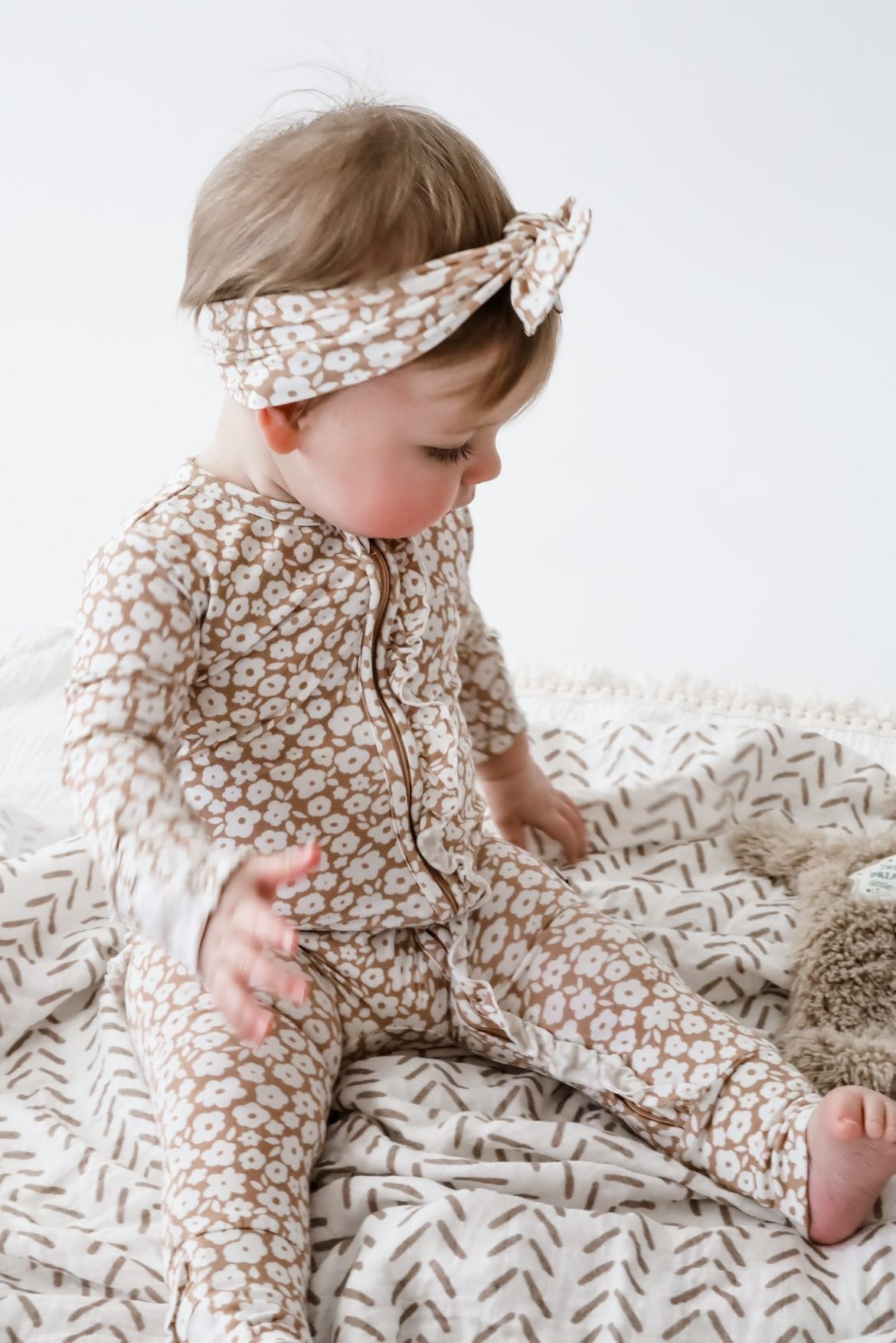Ruffle Zipper One Piece Outfit - Mocha Ditsy Floral - Harp Angel Boutique