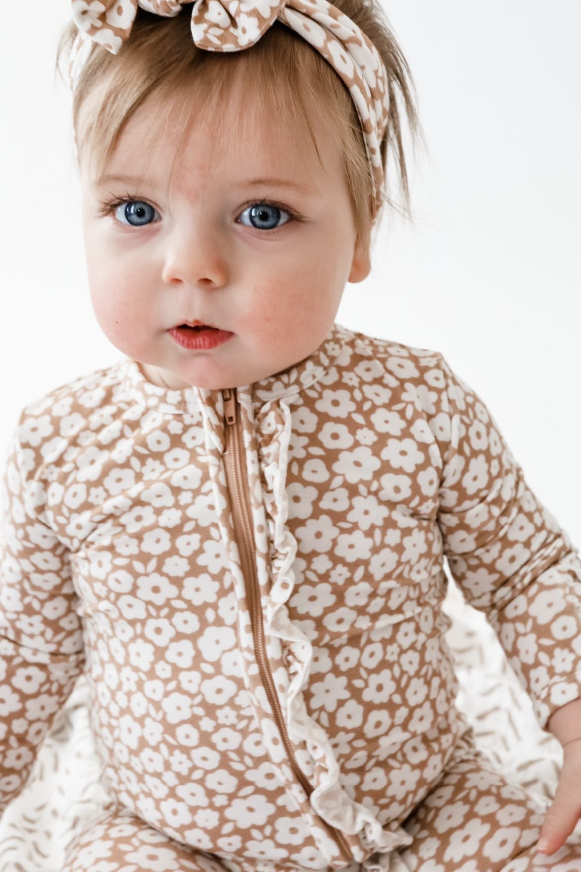 Ruffle Zipper One Piece - Mocha Ditsy Floral - Harp Angel Boutique