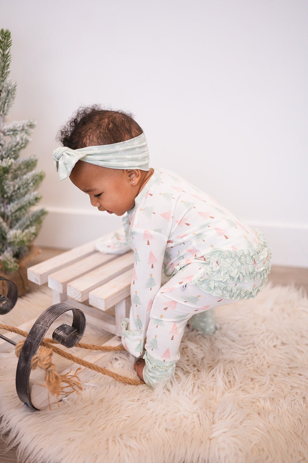 Ruffle Zipper Romper - Sweet Christmas Trees - Harp Angel Boutique