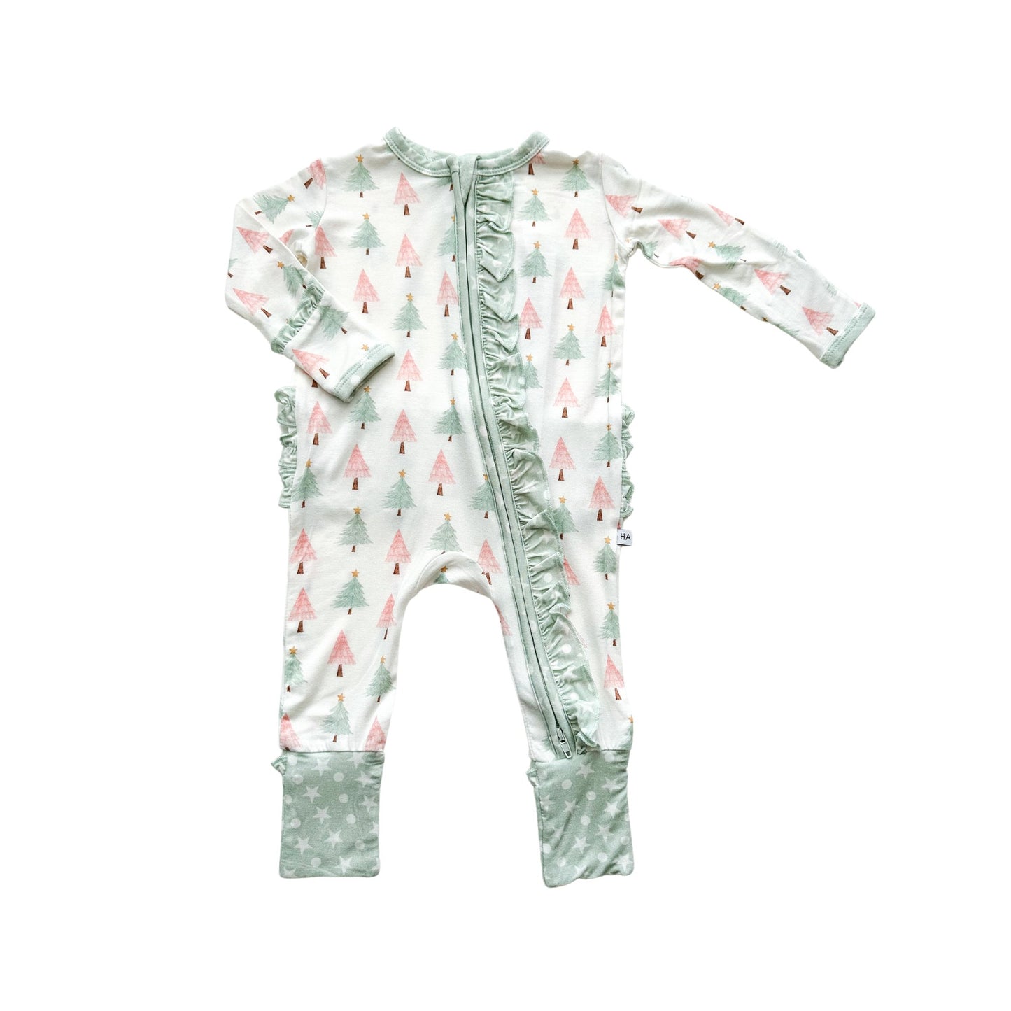 Ruffle Zipper Romper - Sweet Christmas Trees - Harp Angel Boutique