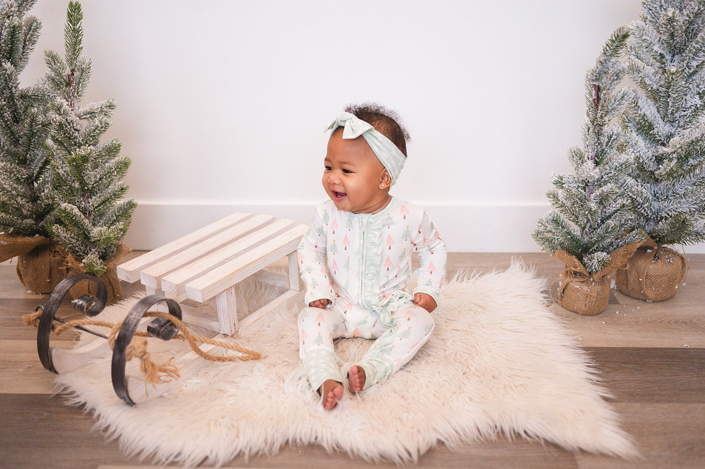 Ruffle Zipper Romper - Sweet Christmas Trees - Harp Angel Boutique