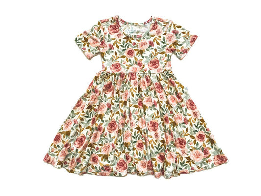 Short Sleeve Twirl Dress | Dusty Pink Floral - Harp Angel Boutique