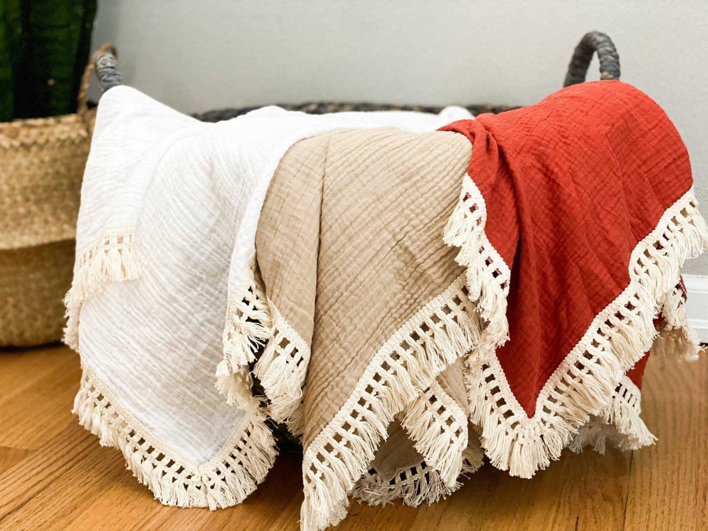 Tan Fringe Muslin Swaddle Blanket - Harp Angel Boutique