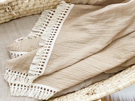 Tan Fringe Muslin Swaddle Blanket - Harp Angel Boutique