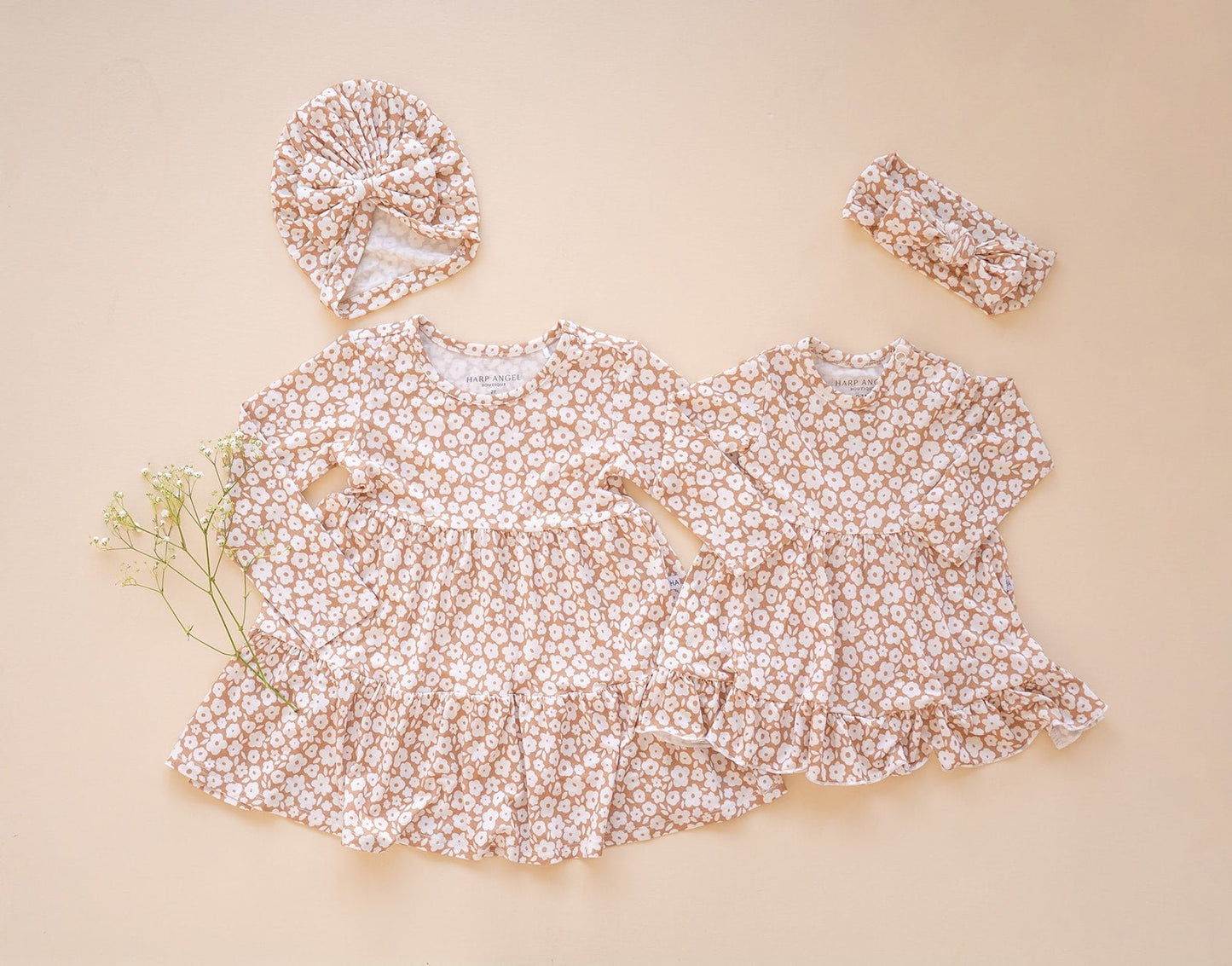 Twirl Skirt Bodysuit - Mocha Ditsy Floral - Harp Angel Boutique