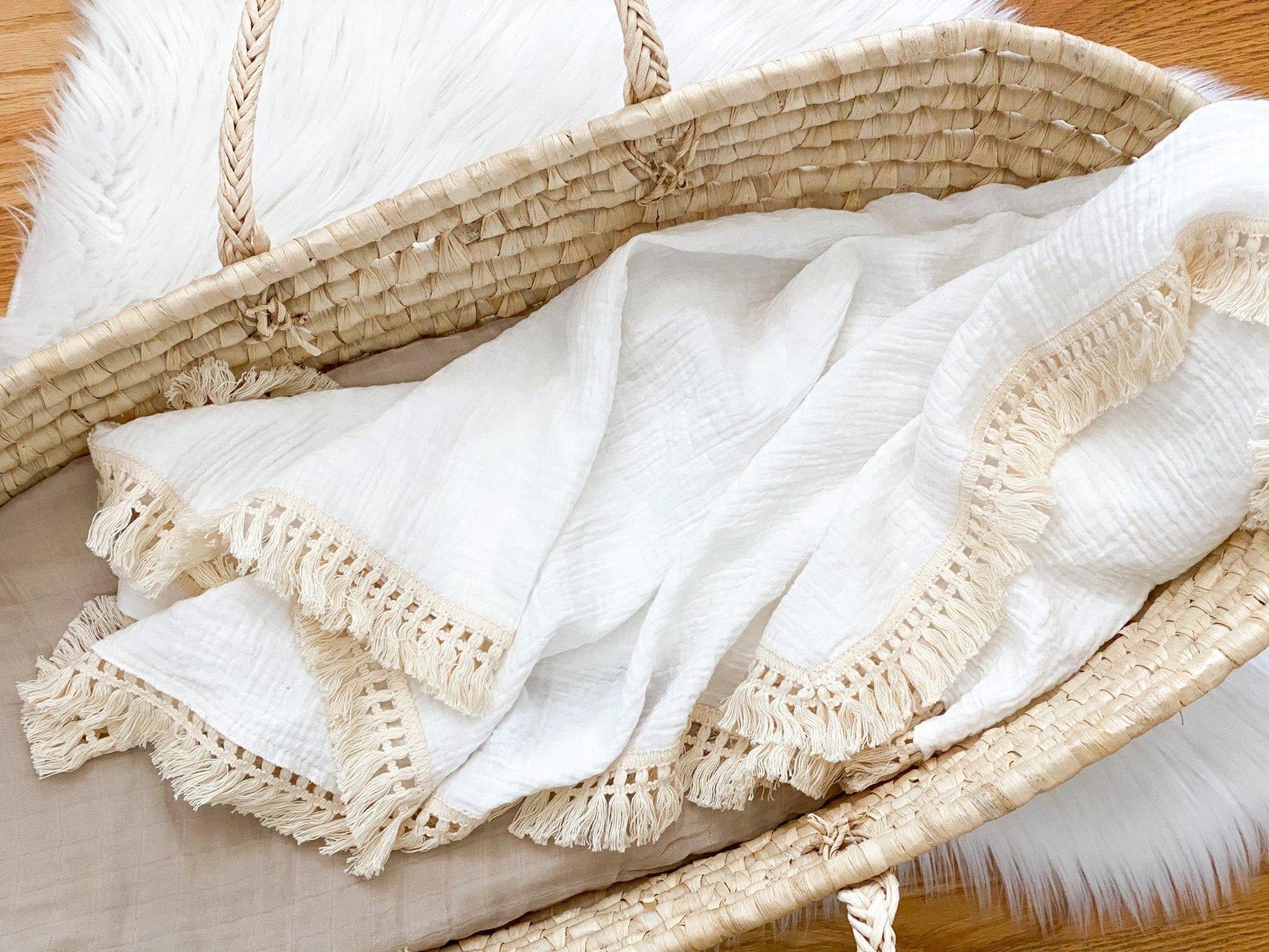 White Fringe Muslin Swaddle Blanket - Harp Angel Boutique