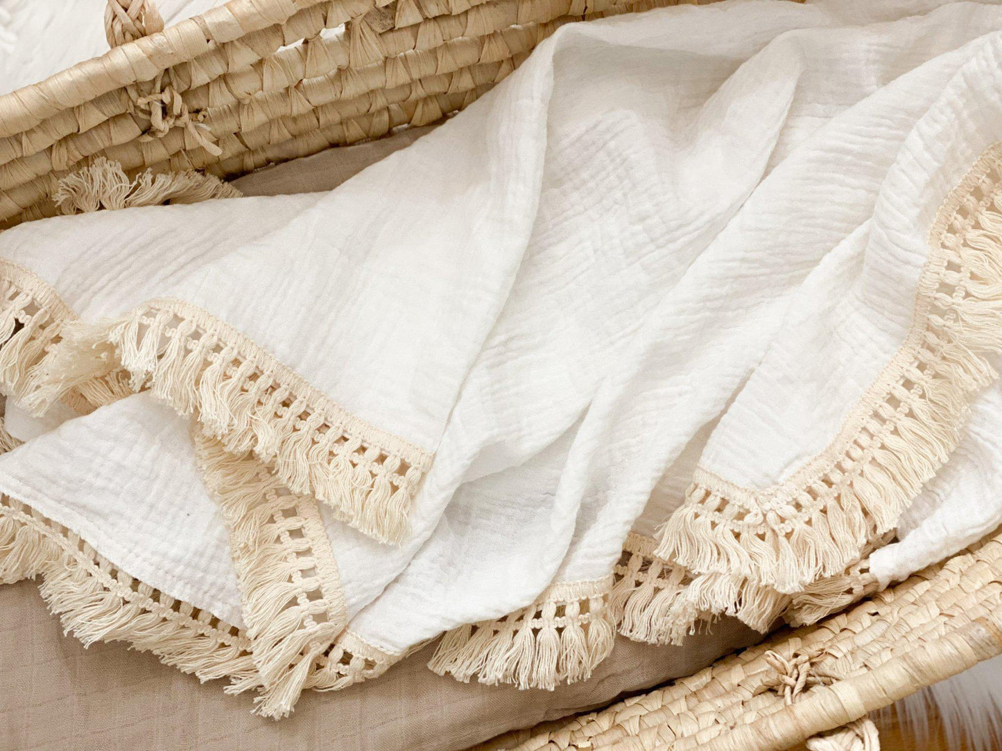 White Fringe Muslin Swaddle Blanket - Harp Angel Boutique