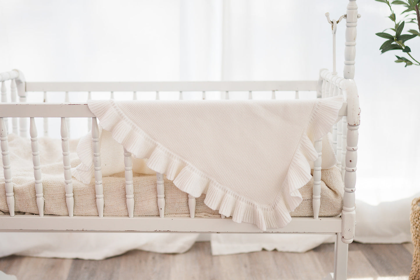 Knitted Baby Blanket - White Ruffle