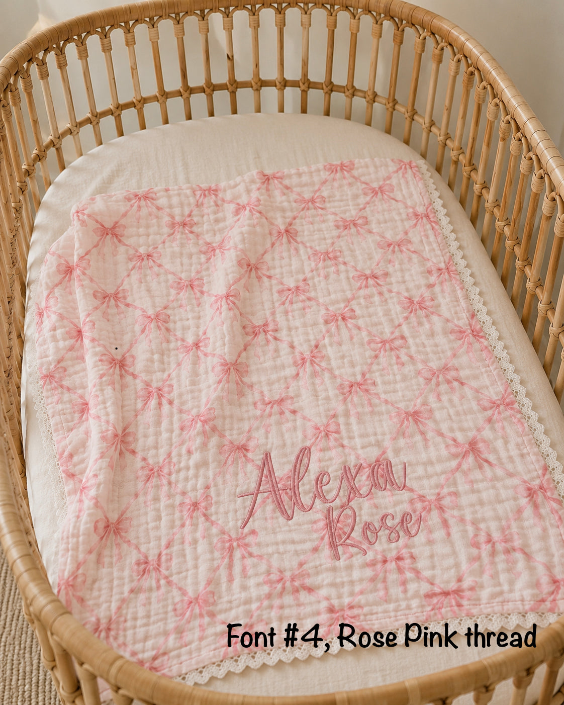 Organic Muslin 6-Layer Lace Blanket - Pink Ribbon Bow