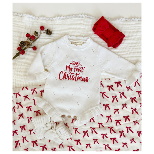 My First Christmas Organic Pointelle Ruffle Bodysuit