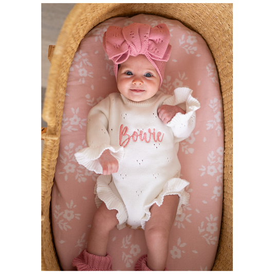 White Pointelle Organic Knit Ruffle Romper | Personalized Name Bundle