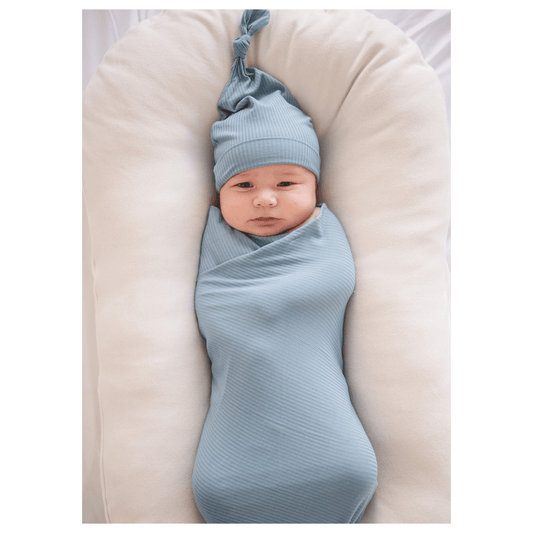 Arona Blue Ribbed Bamboo Baby Stretch Swaddle Blanket - Harp Angel Boutique